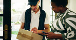 Woman, courier and phone for box at front door, home and invoice for payment, deal or online order. People, delivery man and customer with package, info and ecommerce services with smile at apartment