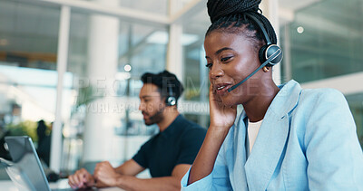 Buy stock photo Finance, headset or woman in call center for chat, online help or business loan advice. Financial consultant, coworking or inbound agent in agency for insurance service, support or communication