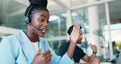 Buy stock photo Call center, explain or black woman with advice for communication, consulting or loan help. Customer service, financial advisor or coworking with agent for feedback, online inquiry or credit limit