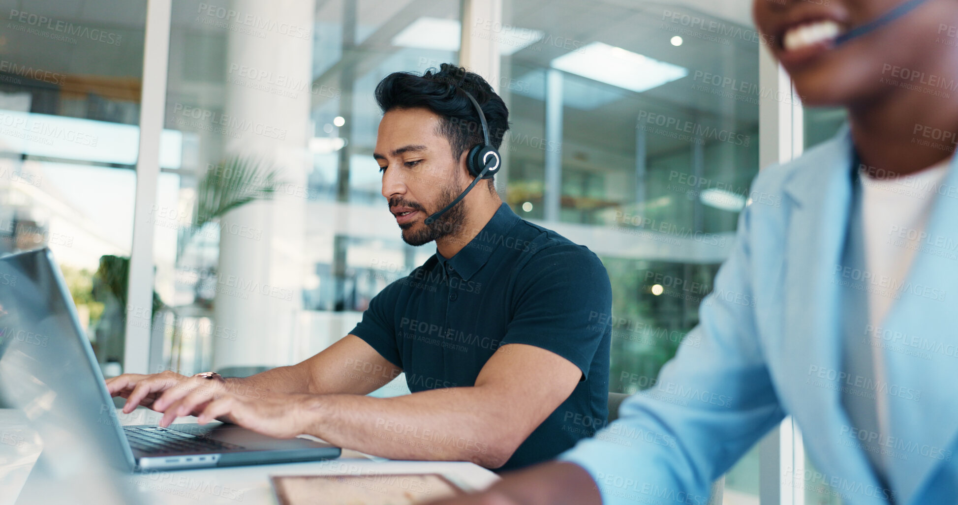 Buy stock photo Finance, laptop or man in call center typing for chat, online help or business loan advice. Financial consultant, coworking or inbound agent in agency for insurance service, support or communication