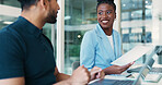 Office, man and woman with document, smile and happy for increase of sales or financial performance. Talking, account manager and collaboration with paperwork for data, laptop and people with report