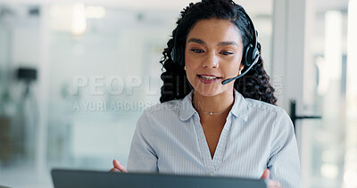Buy stock photo Customer service, talking and woman on laptop in office for consulting, help and contact us. Professional, computer and person with headset for virtual assistance, online communication or crm support
