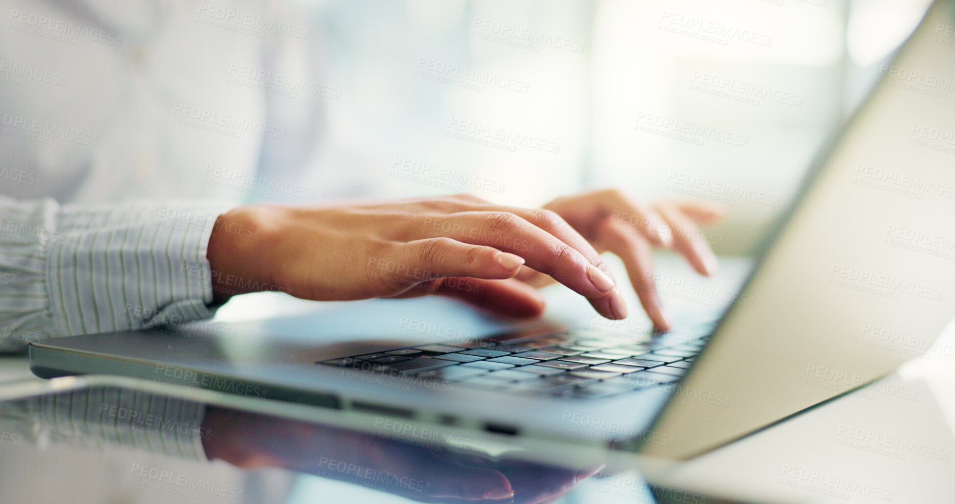 Buy stock photo Hands, typing and laptop at office for proposal, review and report for finance at corporate agency. Person, computer and click at job for revenue, audit and project management at insurance company