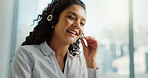 Customer service, talking and happy woman in office for consulting, help and contact us. Professional, networking and person with headset for virtual assistance, online communication or crm support