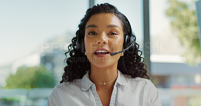 Buy stock photo Customer service, call center and woman in office talking for consulting, online help and contact. Corporate, professional and face of person with headset for feedback, crm support and assistance