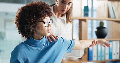 Buy stock photo Women, patient or stretching arm with physiotherapist for flexibility or physical activity. Female people, medical worker or chiropractor with client for muscle recovery or examination at clinic