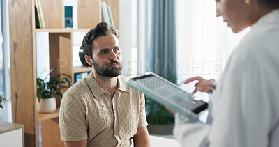Buy stock photo Doctor, man and patient with tablet for healthcare checkup, visit or clinic appointment at hospital. Male person, medical worker or exam with technology for health results, diagnosis or consultation