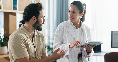 Buy stock photo Doctor, patient or consulting with tablet for health advice, checkup or visit at clinic appointment. Man, woman or medical worker with technology for examination, results or diagnosis at hospital