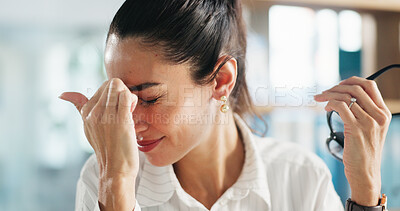 Buy stock photo Woman, headache and administrator with glasses in stress for eye strain or mistake at office. Tired, female person or employee with migraine or pressure for wrong optometry prescription at workplace