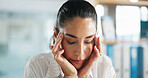 Woman, headache and administrator with stress for vertigo, strain or pressure at office. Tired, female person or employee with migraine, anxiety or mental health for fatigue, burnout or dizziness