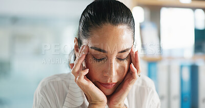 Buy stock photo Woman, headache and administrator with stress for vertigo, strain or pressure at office. Tired, female person or employee with migraine, anxiety or mental health for fatigue, burnout or dizziness