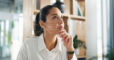 Buy stock photo Thinking, woman and doctor in office at clinic for problem solving, medical solution and insight. Person, healthcare and reflection with decision of planning treatment, vision and management service