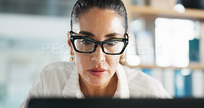 Buy stock photo Laptop, reading and woman in office with business ideas, decision or budget review at accounting agency. Admin, accountant and professional person with thinking, financial planning or online report