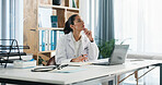 Thinking, woman and doctor with laptop in hospital for medical report or diagnostic research. Ideas, computer and female healthcare worker with brainstorming for treatment plan in clinic office.