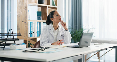 Buy stock photo Thinking, woman and doctor with laptop in hospital for medical report or diagnostic research. Ideas, computer and female healthcare worker with brainstorming for treatment plan in clinic office.
