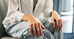 Hands, woman and therapy with worry, anxiety or nervous for mental health, burnout and wellness. Female person, mistake and frustrated in psychology with depression, stress and advice in consultation