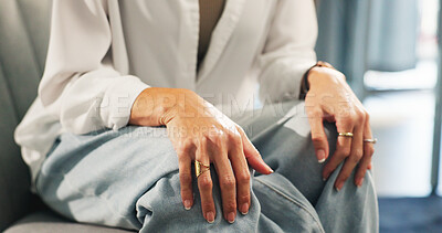 Buy stock photo Hands, woman and therapy with worry, anxiety or nervous for mental health, counselling and wellness. Female person, assessment or support in psychology with stress, recovery or advice in consultation