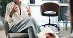 Hands, woman and therapist with anxiety, notes or nervous for mental health, recovery and wellness. Female person, patient and frustrated in psychology with depression, stress and advice consultation