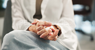 Buy stock photo Hands, woman and psychology with anxiety, stress or nervous for mental health, recovery and wellness. Female person, patient and counseling in therapy with depression, grief and advice consultation