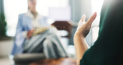 Buy stock photo Hands, woman and psychology with worry, anxiety or nervous for mental health, burnout and wellness. Female person, mistake and frustrated in therapy with depression, stress and advice in consultation