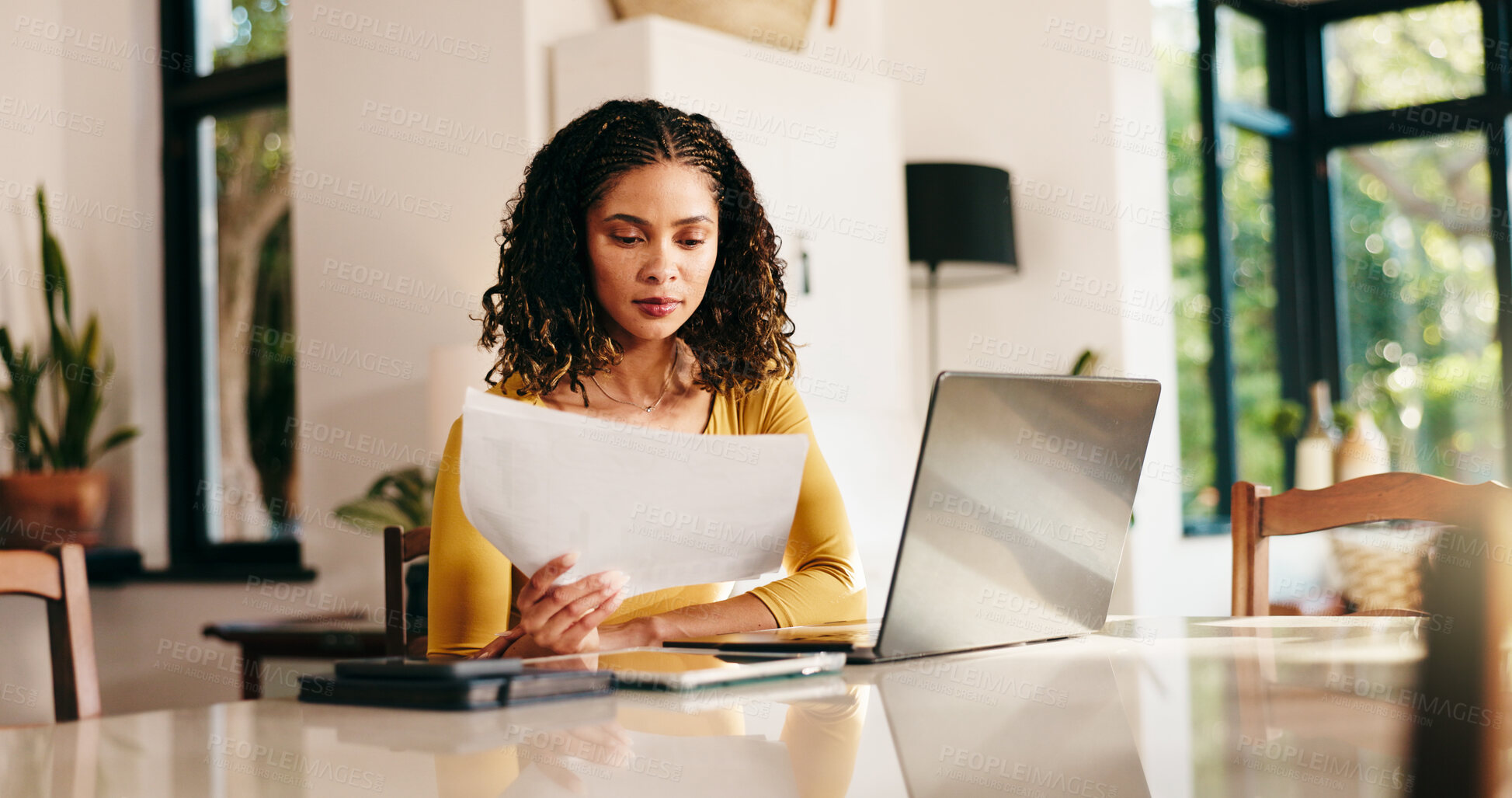 Buy stock photo Woman, finance and documents with laptop for budget planning, review or analysis at home. Female person, freelancer or remote worker with paperwork, computer or financial report for expenses or bills