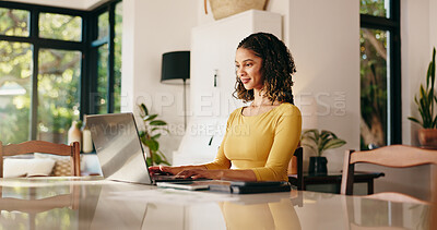 Buy stock photo Woman, laptop and typing for remote work from home with notes, checklist and happy with project. Person, freelance writer and computer with smile for editing process, review and feedback at house