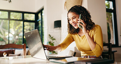 Buy stock photo Woman, laptop and phone call for remote work from home with notes, proposal and happy with deal. Person, freelance writer and smartphone with contact for networking, review and feedback at apartment