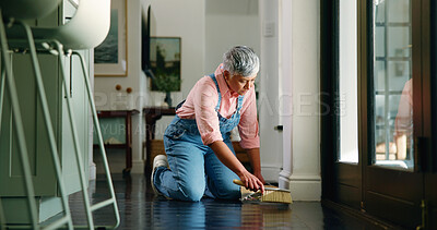 Buy stock photo Sweeping, floor and senior woman with brush for hygiene, housekeeping and cleaning service. Domestic, worker and mature person with dust pan, trash scoop and routine for clutter maintenance in home