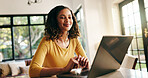 Research, laptop and woman in home with remote work on creative project with communication. Contact, freelancer and female copywriter on computer for email on publishing approval for article in house