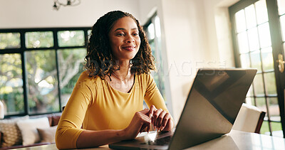 Buy stock photo Research, laptop and woman in home with remote work on creative project with communication. Contact, freelancer and female copywriter on computer for email on publishing approval for article in house