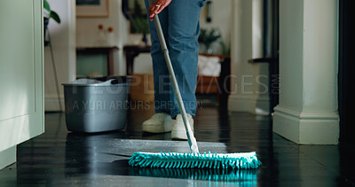 Buy stock photo Legs, person and cleaning the floor with mop for dust removal, bacteria prevention or maintenance. Sanitary, cleaner and home disinfection for hygiene, housekeeping or domestic chores for cleanliness
