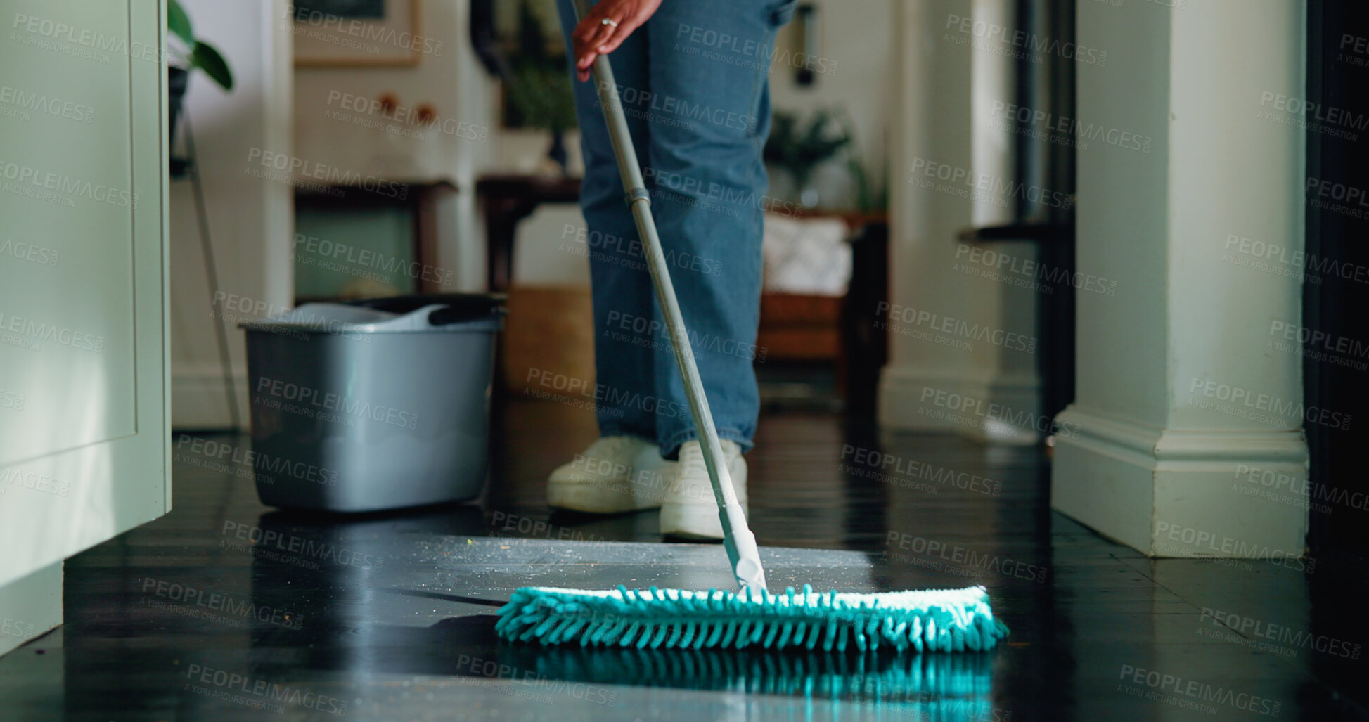 Buy stock photo Legs, person and cleaning the floor with mop for dust removal, bacteria prevention or maintenance. Sanitary, cleaner and home disinfection for hygiene, housekeeping or domestic chores for cleanliness
