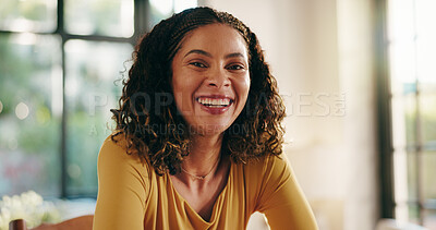 Buy stock photo Portrait, smile and woman in house for relax, peace and calm to chill on weekend in living room. Face, happy person and rest in home for comfort, morning and break to unwind on staycation in Brazil