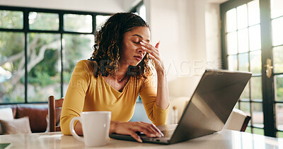 Buy stock photo Frustrated woman, laptop or home with headache or stress for fail, mistake or burnout. Female person, freelancer or journalist with eye strain or fatigue on computer for remote work or tight deadline