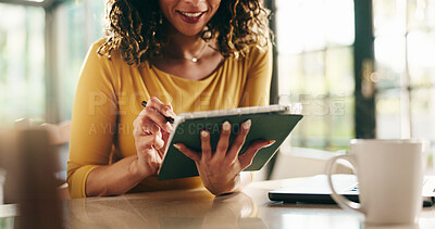 Buy stock photo Hands, tablet and writing for remote work from home with notes, checklist and happy with project. Person, writer and tech with application for editing process, review and feedback for freelance job