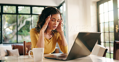 Buy stock photo Woman, anxiety and home with laptop or headache for fail, mistake or burnout on table. Female person, freelancer or journalist with stress or fatigue on computer for remote work or debt at house
