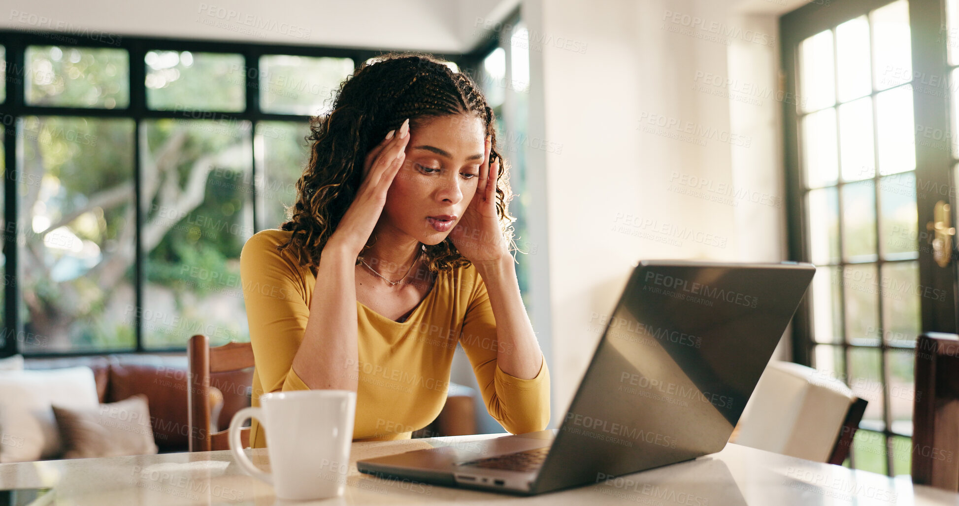 Buy stock photo Woman, anxiety and home with laptop or headache for fail, mistake or burnout on table. Female person, freelancer or journalist with stress or fatigue on computer for remote work or debt at house