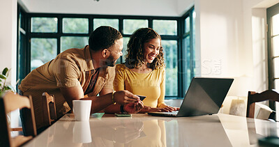 Buy stock photo Home, credit card and couple with laptop, online shopping and savings with purchase. Apartment, pc and man with woman, internet and mortgage with transactions, ecommerce or banking with discount deal