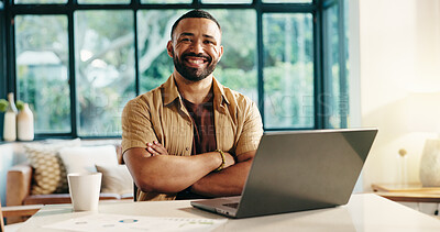 Buy stock photo Crossed arms, laptop and portrait of man in home with remote work for finance proposal with client. Happy, freelancer and male financial manager with computer for investment planning with confidence.