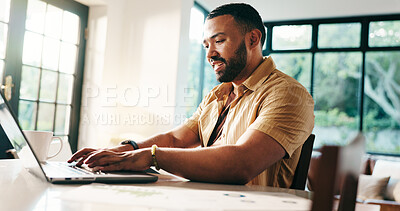 Buy stock photo Laptop, freelancer typing and happy man in home office for finance and positive cashflow. Computer, hybrid work and writing email online for accounting, bookkeeping and revenue growth for investment