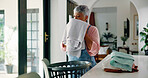 Sniff, blanket and woman with laundry, home and smell of clean washing, fragrance and mature person. Breathing, scent and housekeeper with soft linen, hygiene and chores for housework in apartment