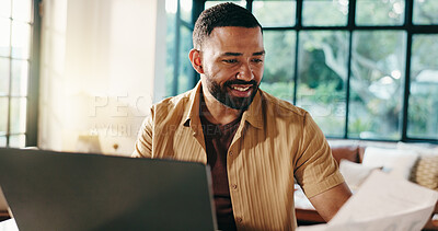 Buy stock photo Laptop, freelancer and happy man with paperwork for financial results, budget or asset management. Document, hybrid work and person in home for savings, investment growth or reading report for profit