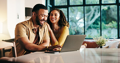 Buy stock photo Planning, laptop and laughing with couple in kitchen for travel itinerary, flight booking and vacation package. Passport application, discussion and airline review with man, woman and happy in home