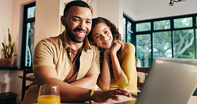 Buy stock photo Happy, couple and planning on website, laptop or browsing for trip with tech, bonding and apartment. Online, booking and people with app for hotel reservation, woman and man with research in home