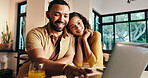 Planning, laptop and smile with happy couple in kitchen for travel itinerary, flight booking and vacation package. Passport application, discussion and airline review with man, woman and love in home