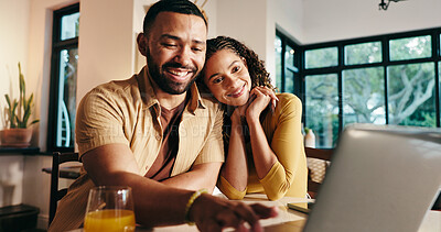 Buy stock photo Planning, laptop and smile with happy couple in kitchen for travel itinerary, flight booking and vacation package. Passport application, discussion and airline review with man, woman and love in home