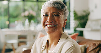 Buy stock photo Smile, portrait and senior woman on sofa for relax, comfort and break in retirement. Happy, living room and mature person in nursing home for calm, confidence and wellness in apartment lounge