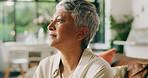 Mature woman, thinking and sofa in home with reflection, nostalgia and remember in living room. Person, memory and perspective for decision, mindset and daydream on couch in lounge at apartment