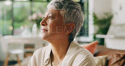 Buy stock photo Mature woman, thinking and sofa in home with reflection, nostalgia and remember in living room. Person, memory and perspective for decision, mindset and daydream on couch in lounge at apartment