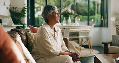 Buy stock photo Relax, thinking and senior woman on sofa in home with memory, nostalgia or reflection on weekend. Calm, peace and elderly female person with decision, choice or planning in living room at house.